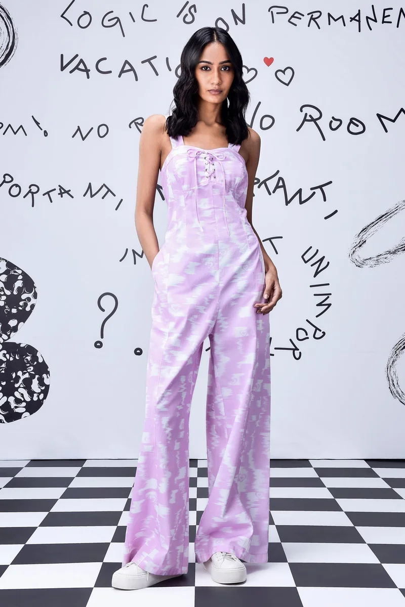 Ikkat Check Relaxed Fit Dungaree- Smoothie Pink